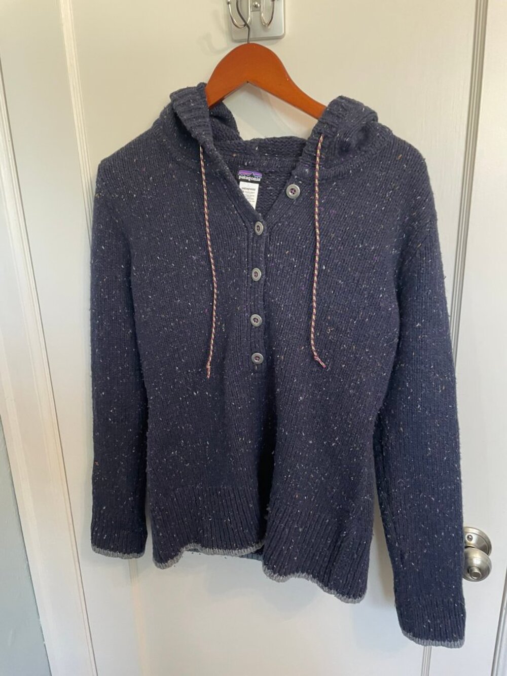 Patagonia Ranchito Hoody Womens M Navy Merino Wool Donegal Henley Sweater